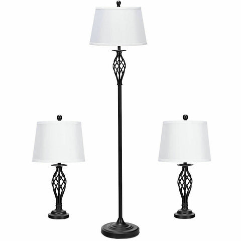 3 Pieces Lamp Set 2 Table Lamps 1 Floor Lamp with Fabric Shades