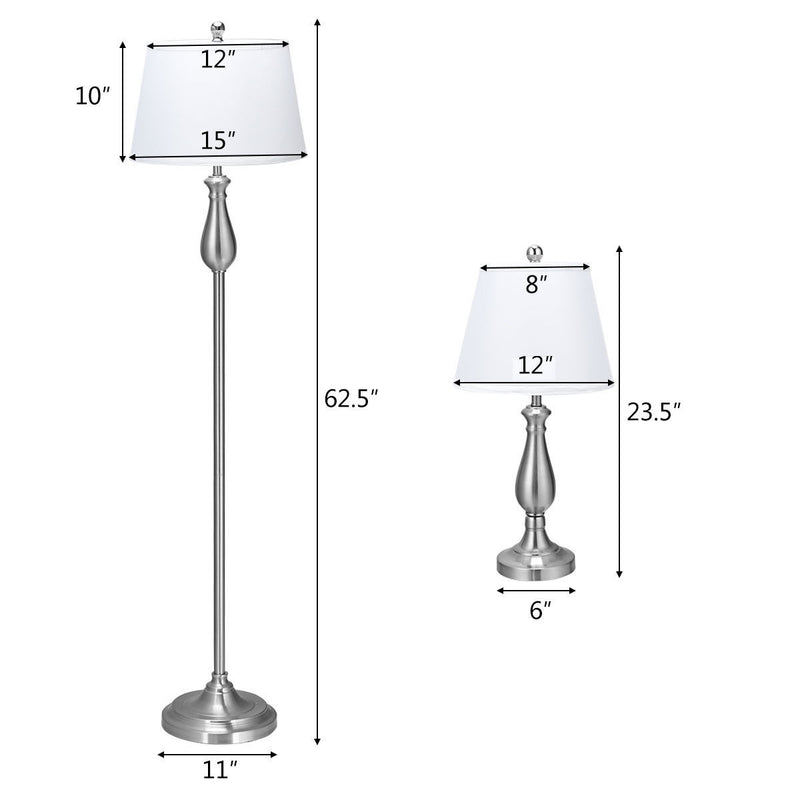 3 pcs Brushed Nickel Lamp Set 2 Table Lamps 1 Floor Lamp