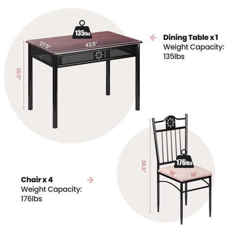 5 Pieces Dining Set Wood Metal Table and 4 Chairs with Cushions