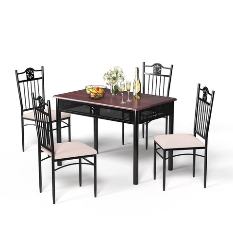 5 Pieces Dining Set Wood Metal Table and 4 Chairs with Cushions