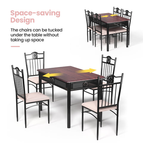 5 Pieces Dining Set Wood Metal Table and 4 Chairs with Cushions