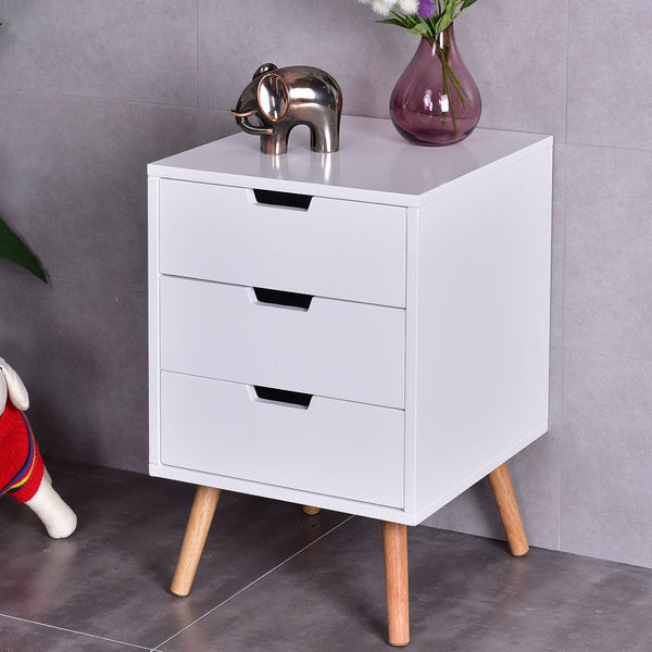 White Wood Side End Table Nightstand W/3 Drawers Mid-Century Accent