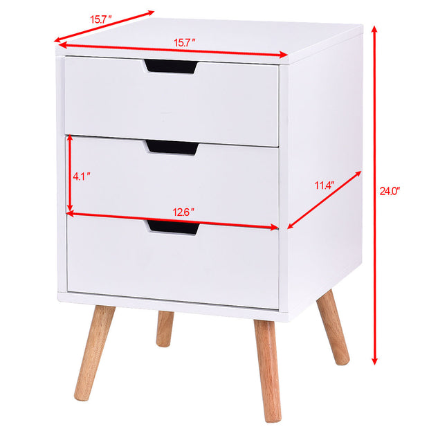 White Wood Side End Table Nightstand W/3 Drawers Mid-Century Accent