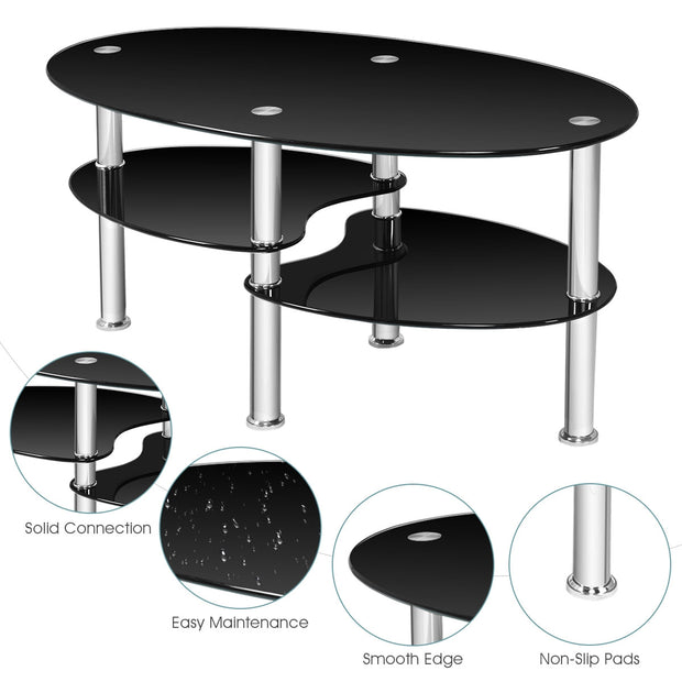 Tempered Glass Oval Side Coffee Table-Black