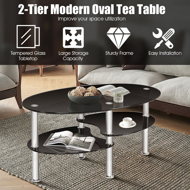 Tempered Glass Oval Side Coffee Table-Black