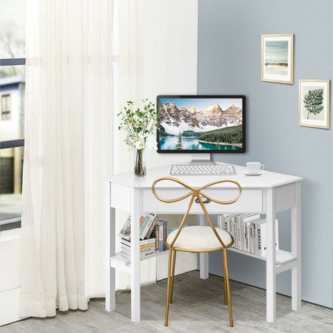 Corner Wooden Piece Laptop Computer Desk-White