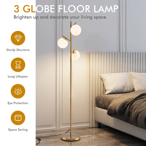 3-Globe Floor Lamp with Foot Switch and Bulb Bases-Golden