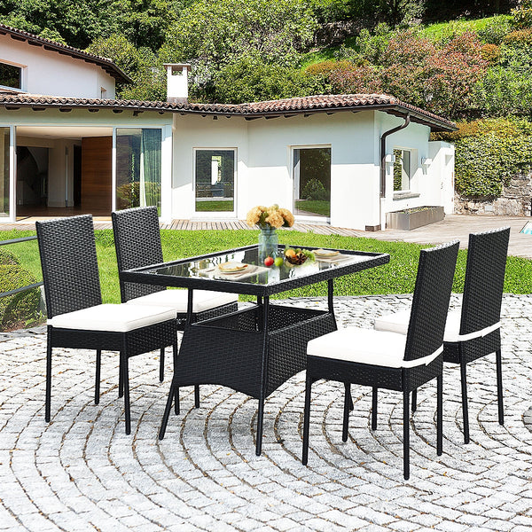 5 Pieces Outdaoor Patio Rattan Dining Set with Glass Top with Cushions