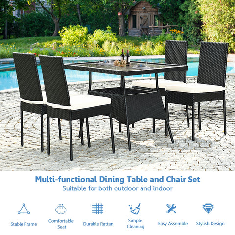 5 Pieces Outdaoor Patio Rattan Dining Set with Glass Top with Cushions