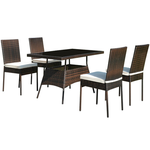 5 Pcs Rattan Dining Set Glass Table High Back Chair