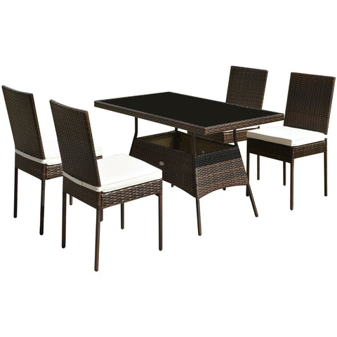 5 Pcs Rattan Dining Set Glass Table High Back Chair