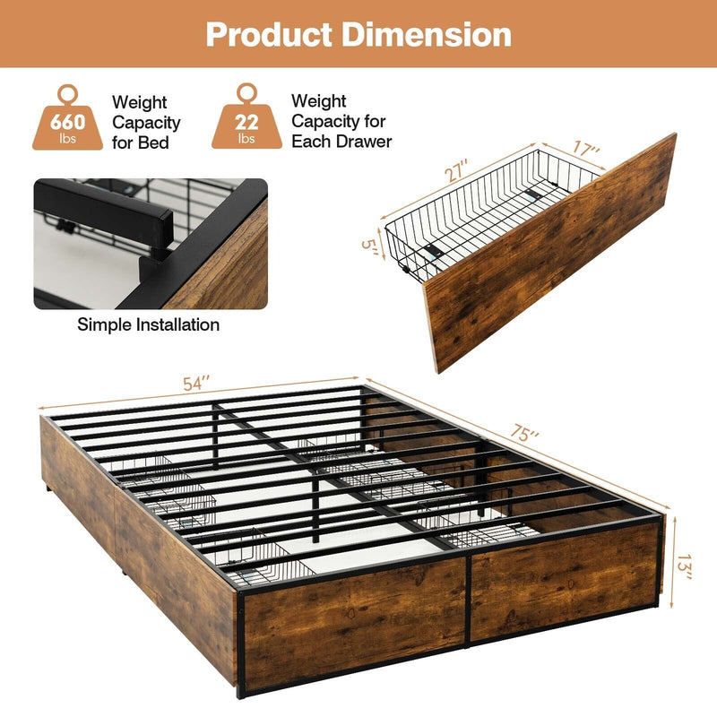 Metal Bed Frame with 4 Drawers-Full Size