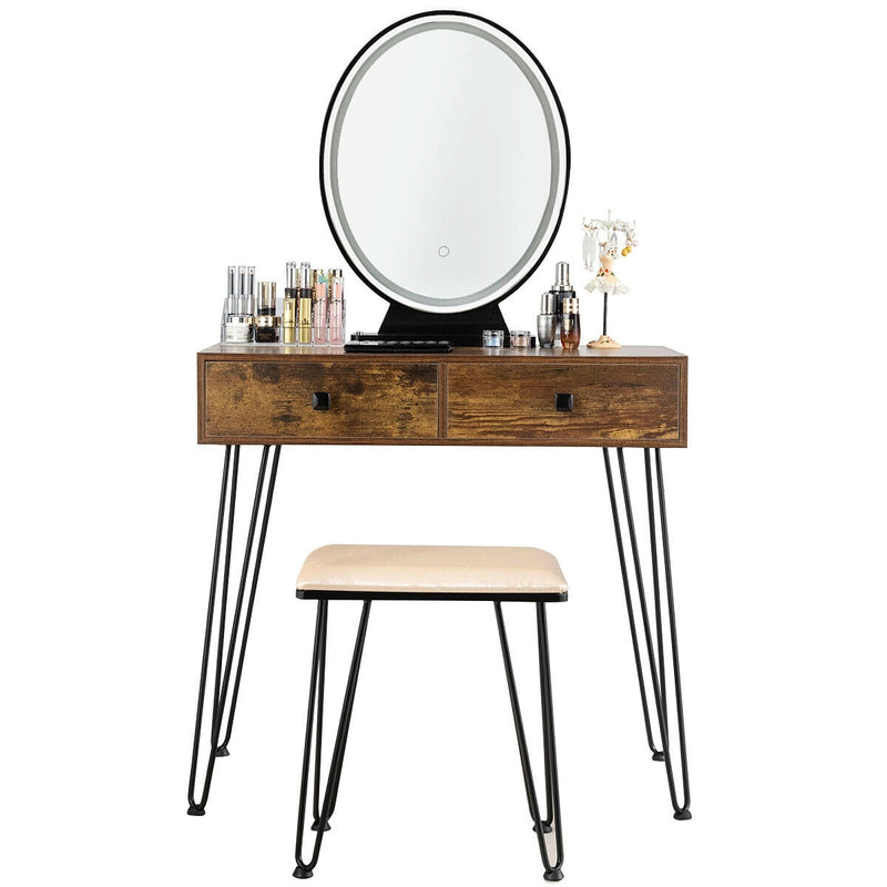 Industrial Makeup Dressing Table with 3 Lighting Modes-Rustic Brown