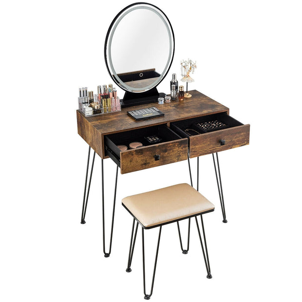 Industrial Makeup Dressing Table with 3 Lighting Modes-Rustic Brown