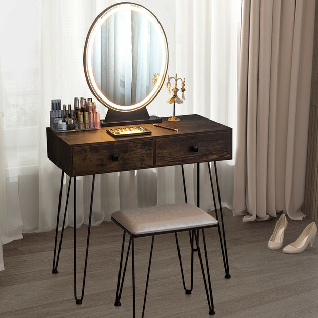 Industrial Makeup Dressing Table with 3 Lighting Modes-Rustic Brown