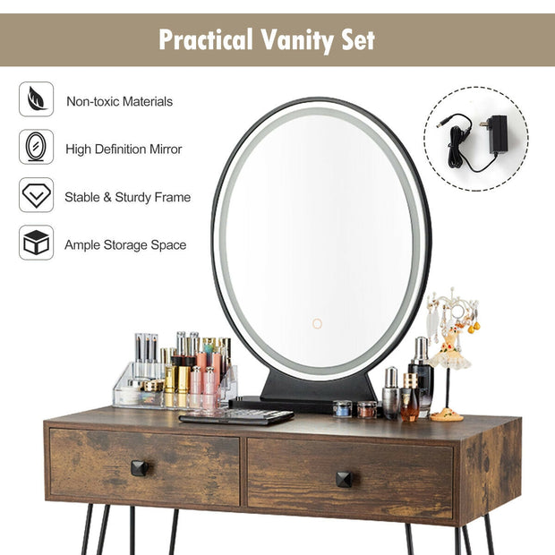 Industrial Makeup Dressing Table with 3 Lighting Modes-Rustic Brown