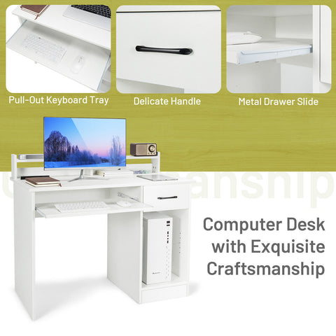 Study Laptop Table with Drawer and Keyboard Tray-White