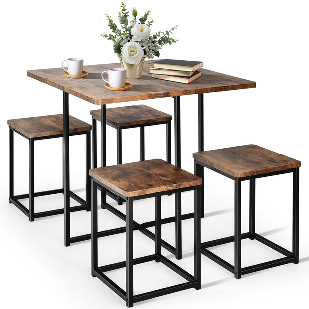 5 Pieces Metal Frame Dining Set with Compact Dining Table and 4 Stools -Walnut