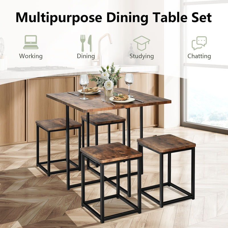 5 Pieces Metal Frame Dining Set with Compact Dining Table and 4 Stools -Walnut