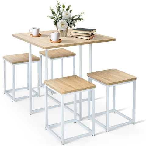 5 Pieces Metal Frame Dining Set with Compact Dining Table and 4 Stools -Natural