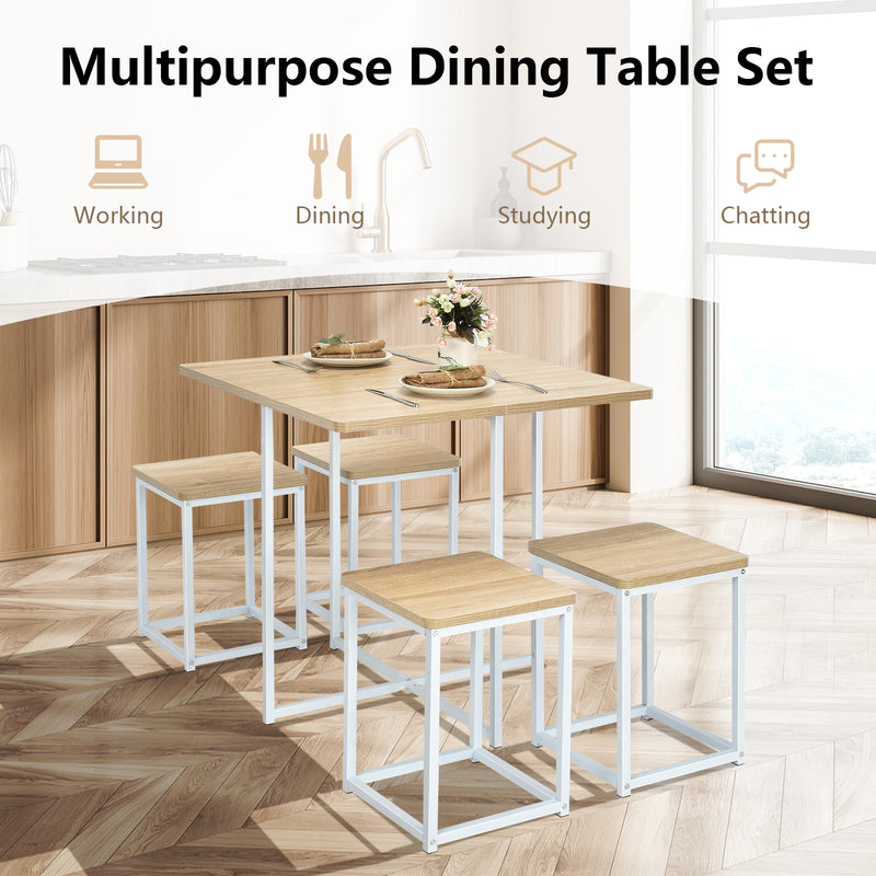 5 Pieces Metal Frame Dining Set with Compact Dining Table and 4 Stools -Natural