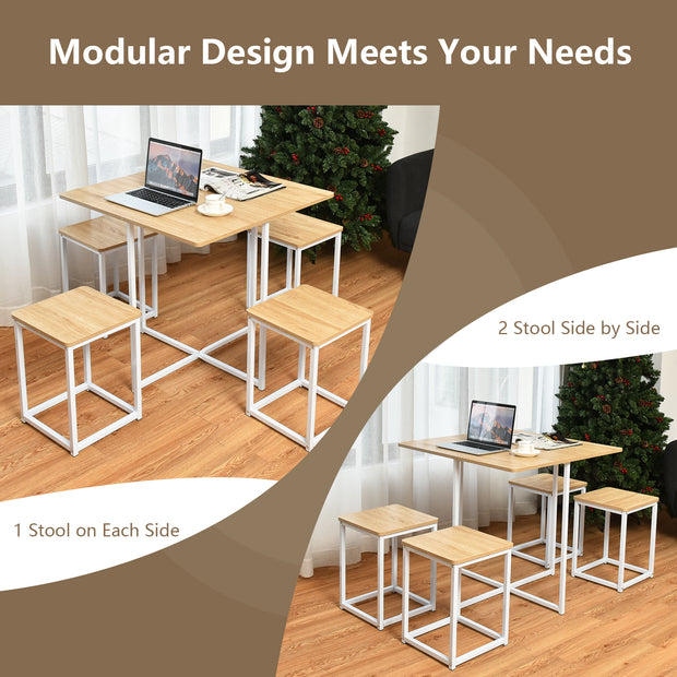 5 Pieces Metal Frame Dining Set with Compact Dining Table and 4 Stools -Natural