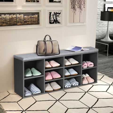 10-Cube Organizer  Entryway Padded Shoe Storage Bench-Gray