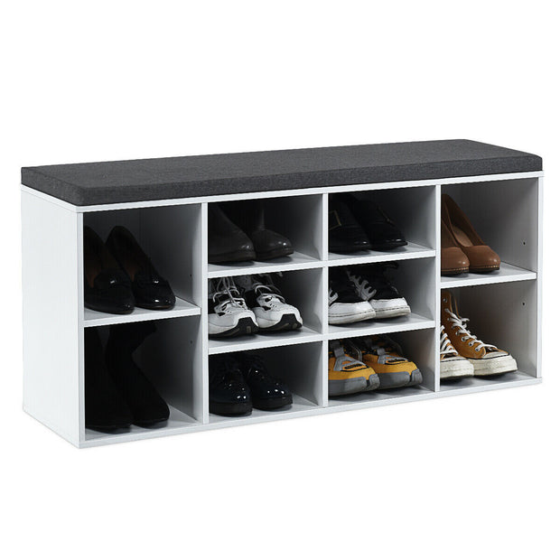 10-Cube Organizer  Entryway Padded Shoe Storage Bench-White