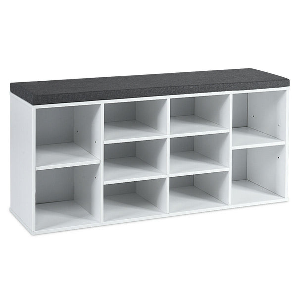 10-Cube Organizer  Entryway Padded Shoe Storage Bench-White