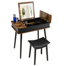 Vanity Table Set with Flip Top Mirror Lights USB Writing Desk and Stool-Brown