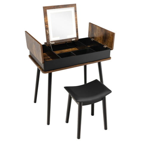 Vanity Table Set with Flip Top Mirror Lights USB Writing Desk and Stool-Brown
