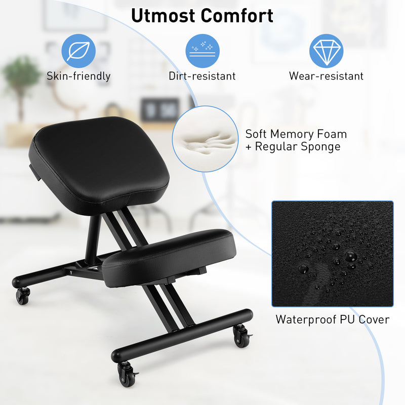 Adjustable Ergonomic Kneeling Chair with Upgraded Gas Spring Rod and Thick Foam Cushions-Black
