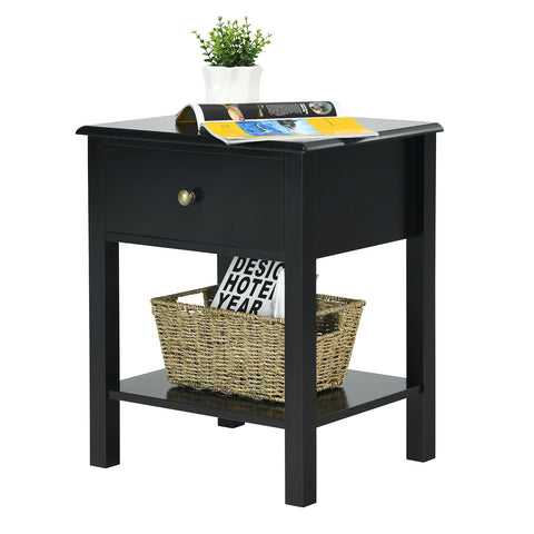 Nightstand End Table with Drawer and Shelf-Black