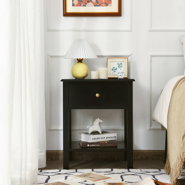 Nightstand End Table with Drawer and Shelf-Black