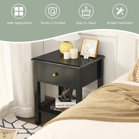 Nightstand End Table with Drawer and Shelf-Black