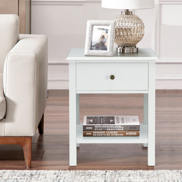 Nightstand End Table with Drawer and Shelf-White