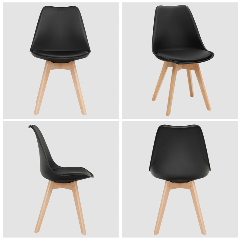 Set of 4 Dining Chairs Mid-Century Modern Shell PU Seat with Wooden Legs-Black