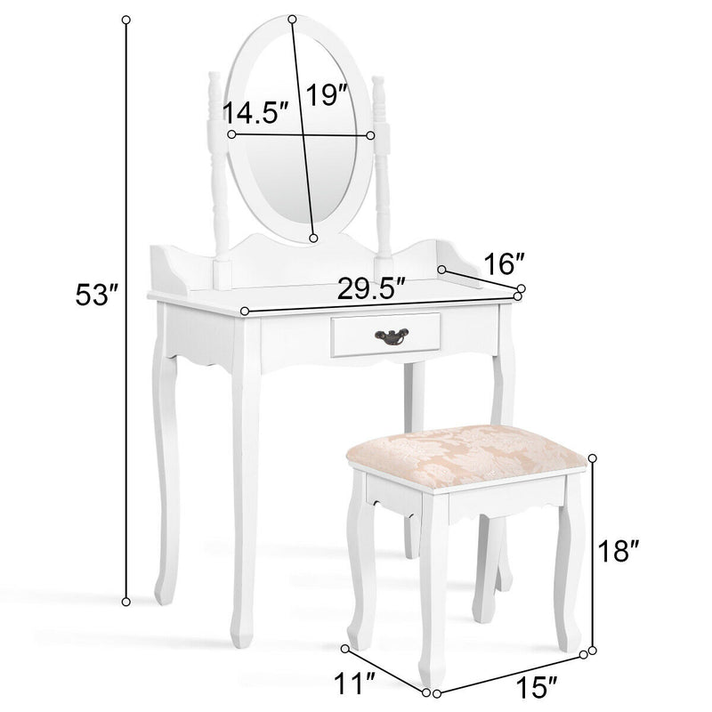 Wooden Vanity Makeup Set with Cushioned Stool and Oval Rotating Mirror-White