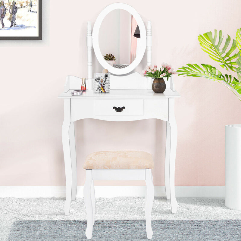 Wooden Vanity Makeup Set with Cushioned Stool and Oval Rotating Mirror-White