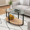 2-Tier Glass-Top Oval Coffee Table with Wooden Shelf for Living Room