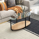 2-Tier Glass-Top Oval Coffee Table with Wooden Shelf for Living Room