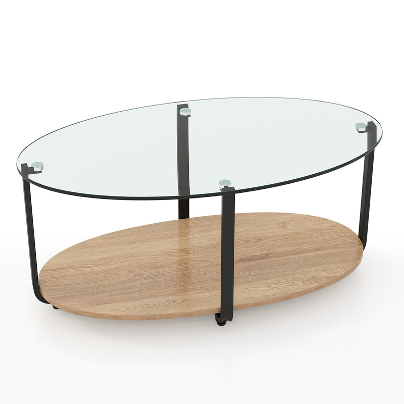 2-Tier Glass-Top Oval Coffee Table with Wooden Shelf for Living Room –  Bella Home