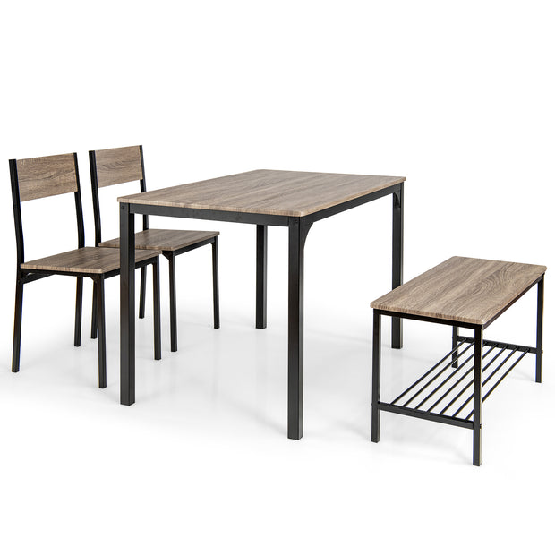 4 Pieces Rustic Dining Table Set with 2 Chairs and Bench-Gray