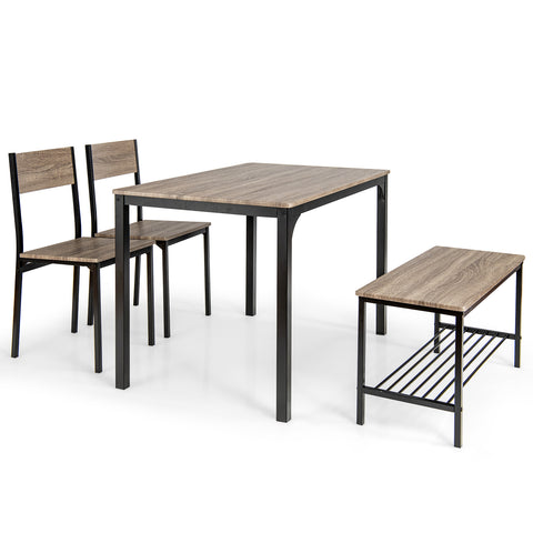 4 Pieces Rustic Dining Table Set with 2 Chairs and Bench-Gray
