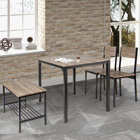 4 Pieces Rustic Dining Table Set with 2 Chairs and Bench-Gray