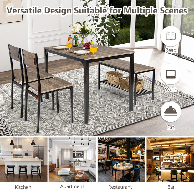 4 Pieces Rustic Dining Table Set with 2 Chairs and Bench-Gray