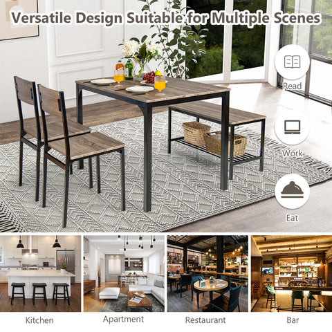 4 Pieces Rustic Dining Table Set with 2 Chairs and Bench-Gray