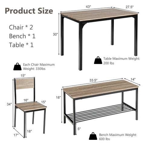 4 Pieces Rustic Dining Table Set with 2 Chairs and Bench-Gray