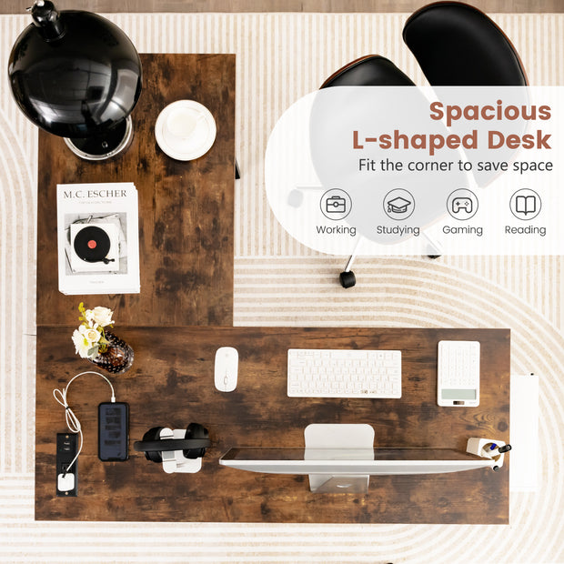 L Shaped Corner Computer Desk with Storage Shelves-Brown