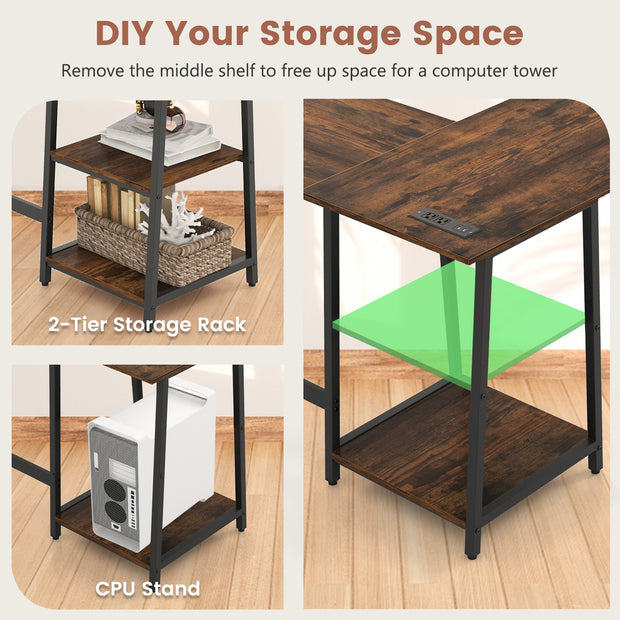 L Shaped Corner Computer Desk with Storage Shelves-Brown
